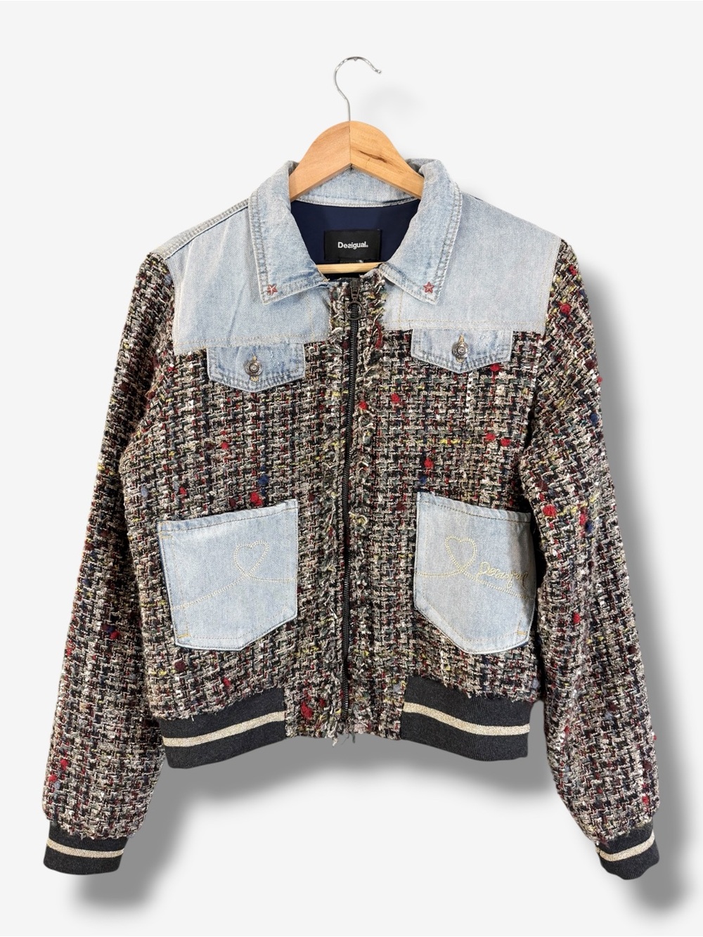Desigual Denim Tweed Bomber Jean Jacket Size 40/M Mixed Media Casual Zip Front